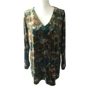 Pure Jill Women's Green Floral Print Long Sleeve Velour Shirt Size Large